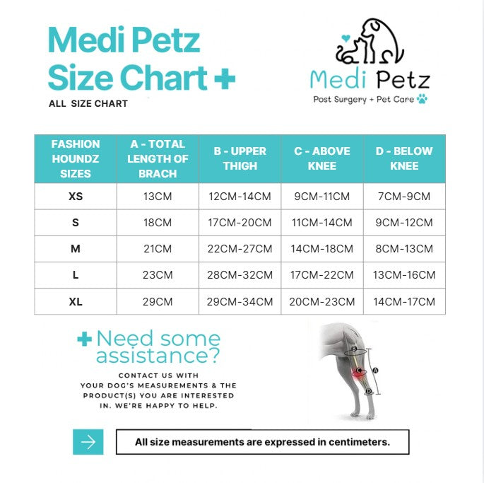 Medi Petz size chart for pet fashion products with measurement guide.