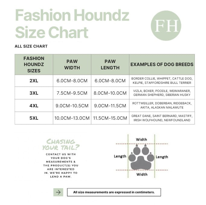 Fashion Houndz size chart for dog clothing with measurements and examples of dog breeds.