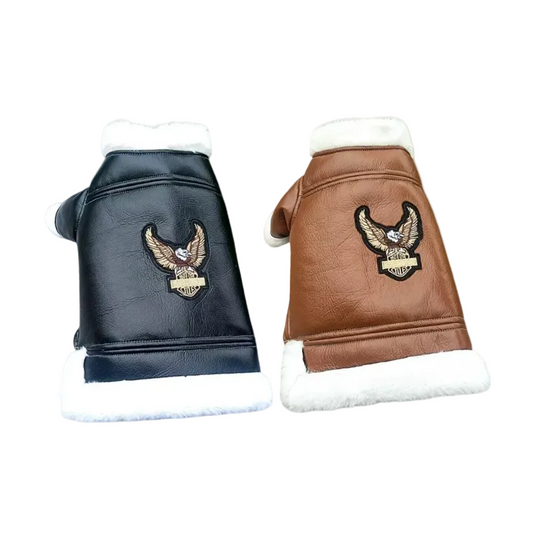 Black and brown dog boots with white fur lining and eagle emblem on a white background