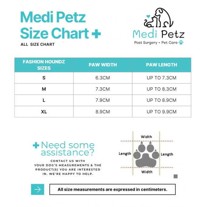 Medi Petz size chart for pet products with paw measurement guide.