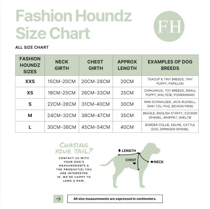 Fashion Houndz size chart for dog clothing with measurements and examples of dog breeds.