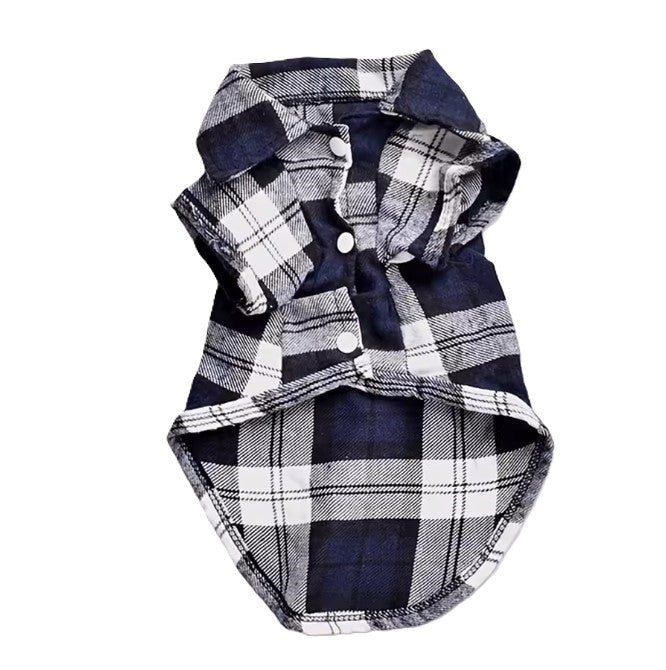 Navy and white plaid dog shirt with a hood on a white background