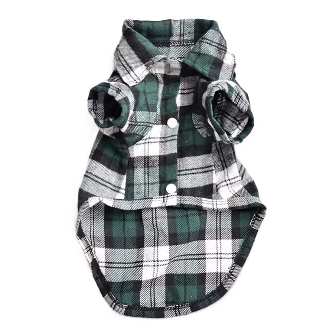 Plaid dog shirt with green, black, and white pattern on a white background