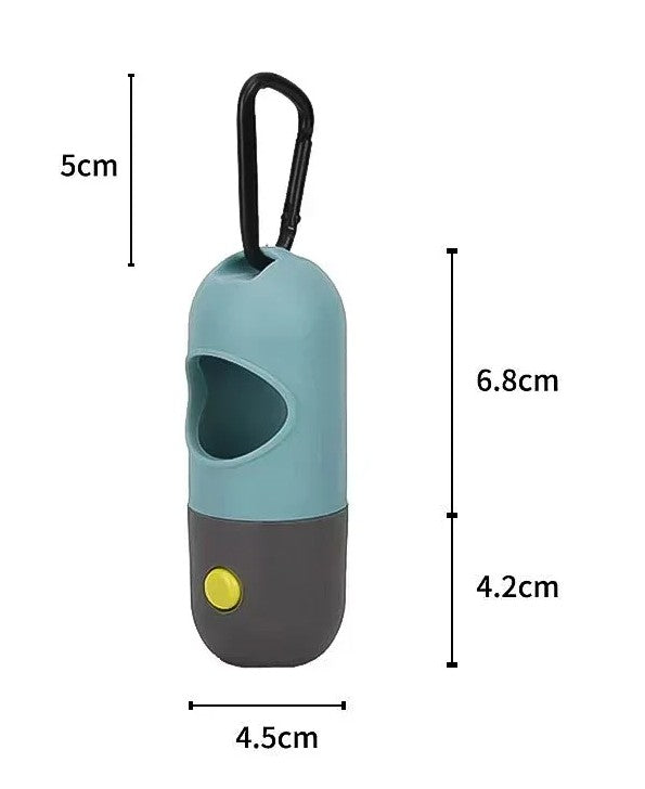 Measurement chart of a blue and gray container with a yellow button and black carabiner on a white background.