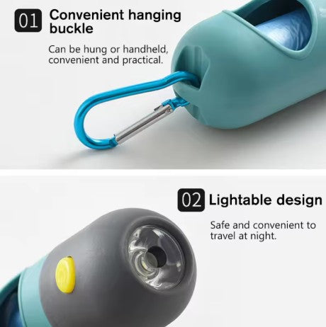 Pet water bottle with carabiner and light feature on a white background