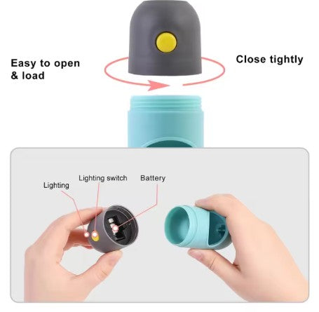 Instructions on how to open, close, and use a portable light device with a battery.