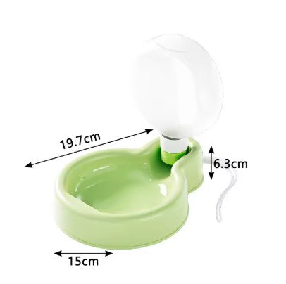 Green pet water fountain with measurements on a white background
