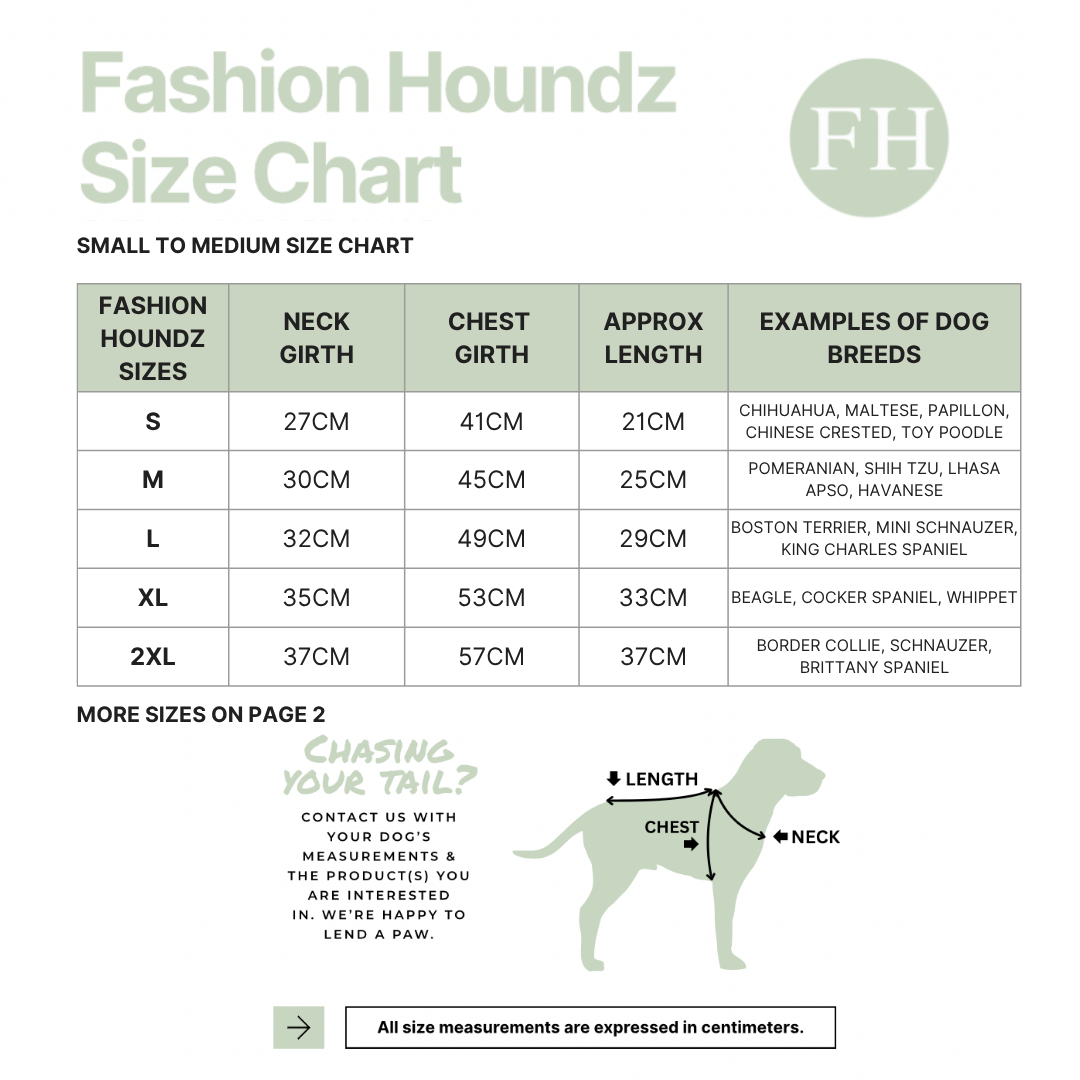 Fashion Houndz size chart for small to medium dog breeds