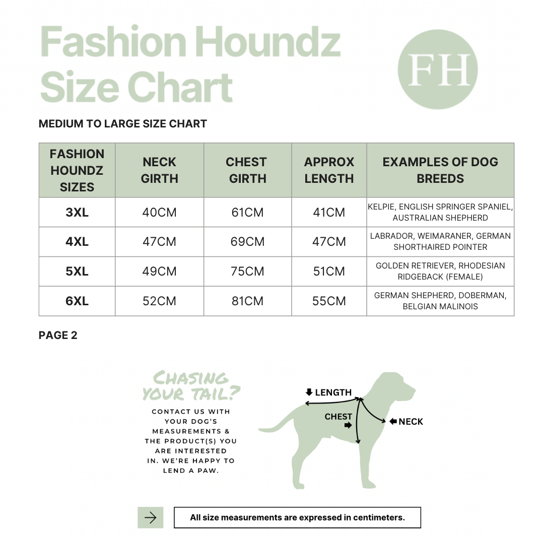 Fashion Houndz size chart for medium to large dog breeds on a white background