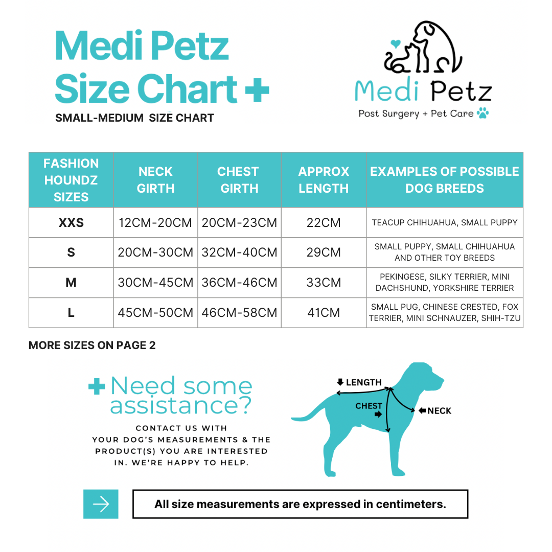 Medi Petz size chart for small to medium dog breeds on a white background