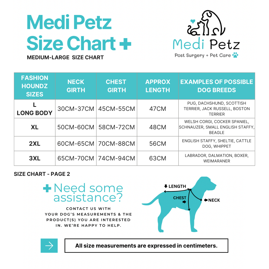 Medi Petz size chart for medium to large dog breeds on a white background