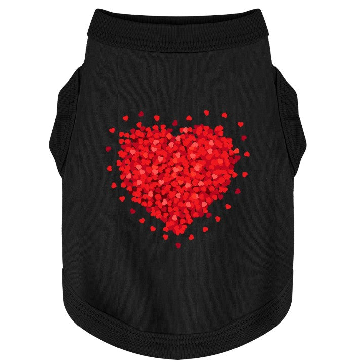 Black pet shirt with a red heart design on a white background
