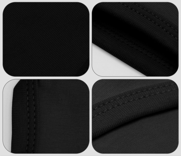 Close-up of black fabric texture with stitching details.