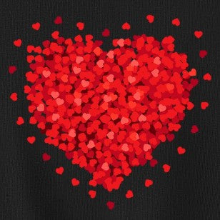 Heart shape made of red hearts on a black background