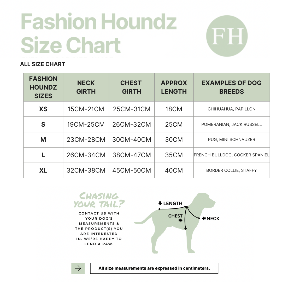 Fashion Houndz size chart for dog clothing with measurements and examples of dog breeds.
