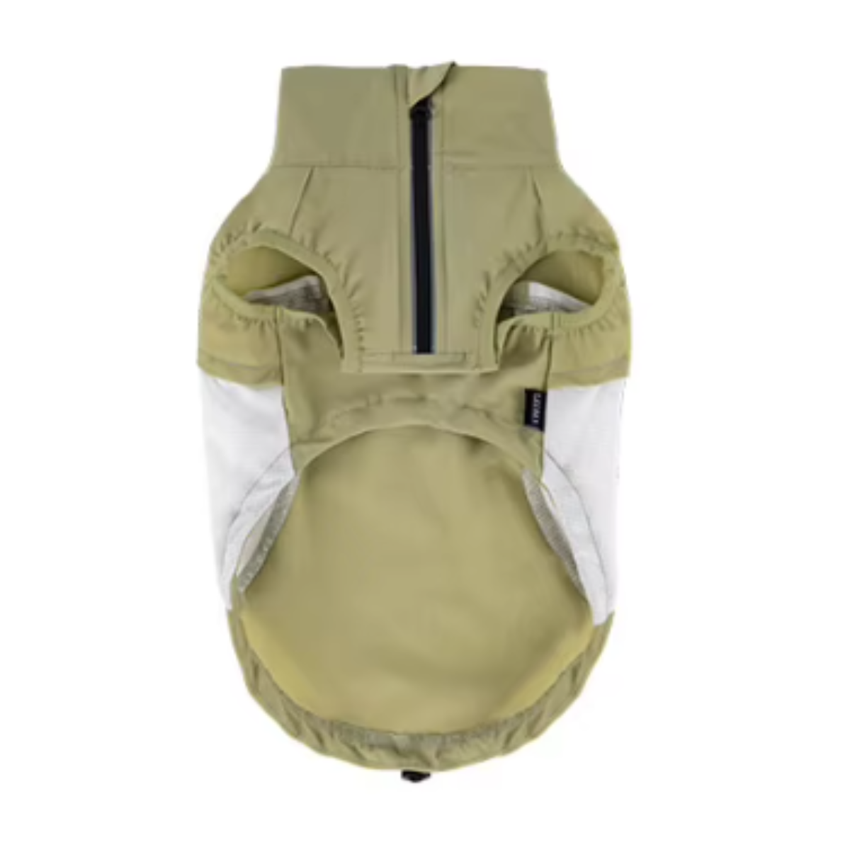 A dog hood with a front zipper, in olive green with white inner lining, shown against a plain white background.