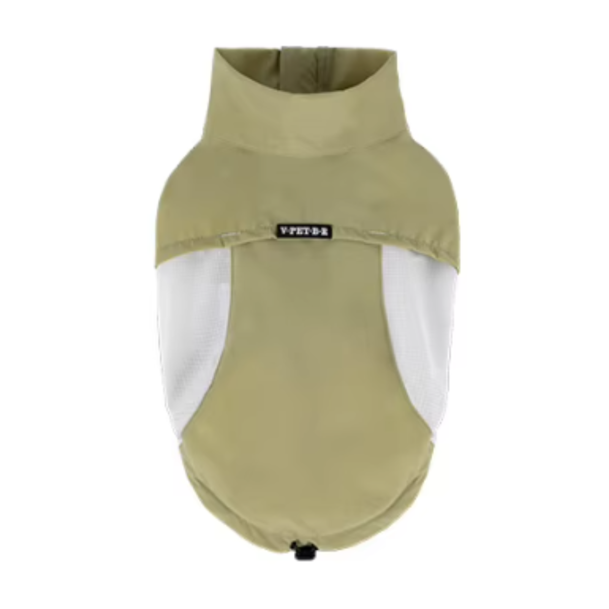 A dog windbreaker jacket in olive green with white mesh side panels, featuring a small black brand label that reads 'YFETOS'.