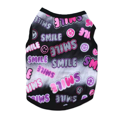 Black pet shirt with 'SMILE' text and smiley face patterns on a white background
