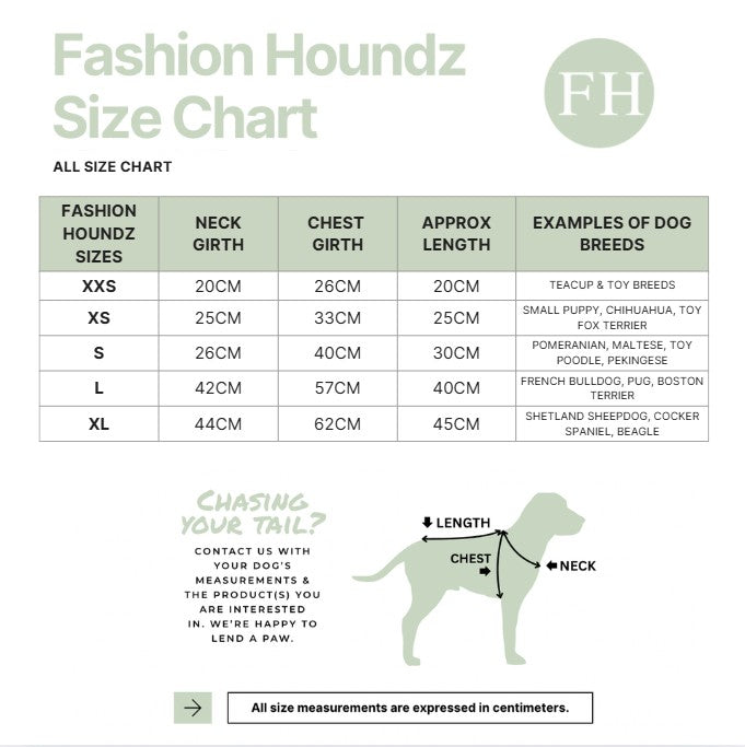 Fashion Houndz size chart for dog clothing with measurements and examples of dog breeds.