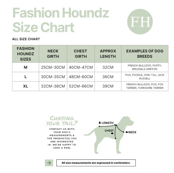 Fashion Houndz size chart for dog clothing with measurements and examples of dog breeds.