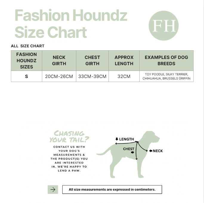 Fashion Houndz size chart for dog products with measurements and examples of dog breeds.