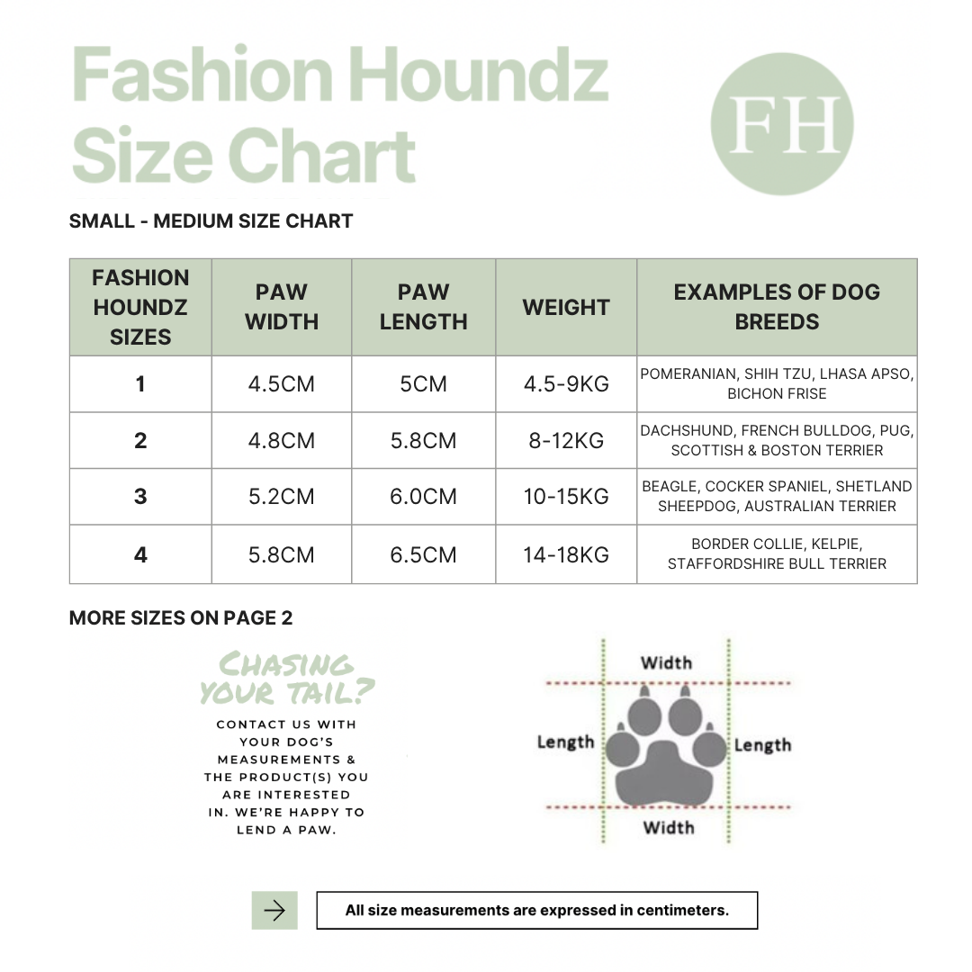 Fashion Houndz size chart for small to medium dog breeds