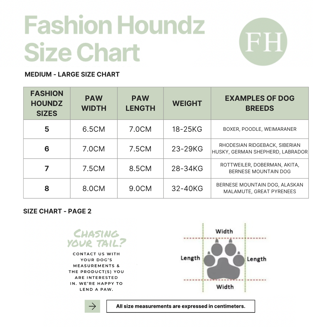 Fashion Houndz size chart for medium to large dog breeds