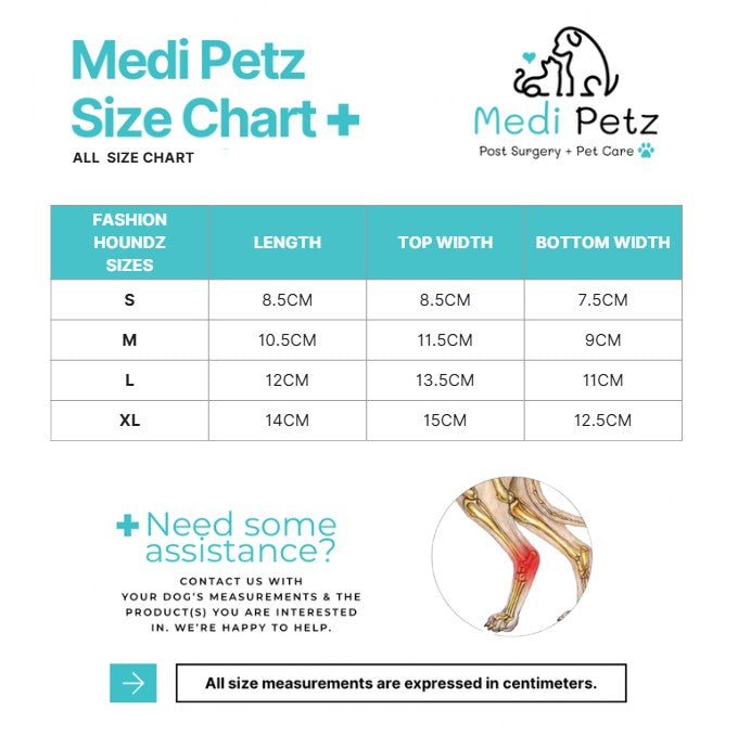 Medi Petz size chart for pet fashion products with measurements in centimeters.