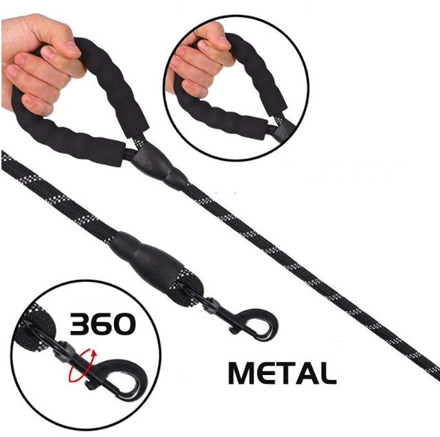 Black dog leash with metal clip and 360-degree design on a white background
