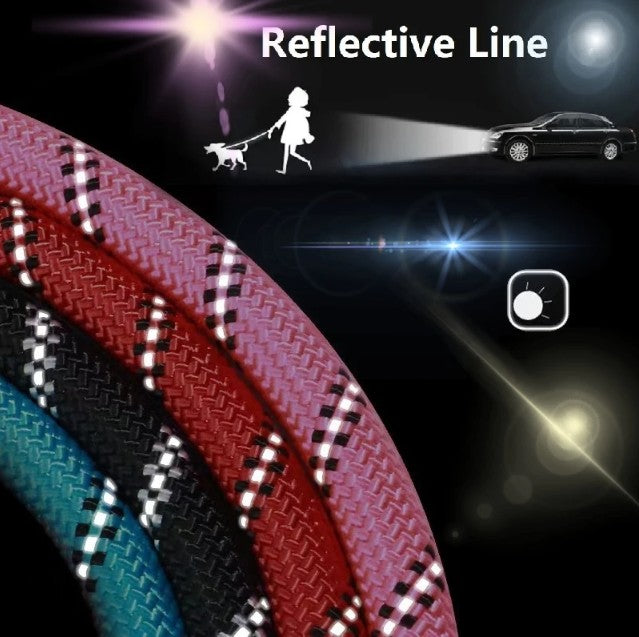 Reflective line with car, person, and dog illustration on a dark background