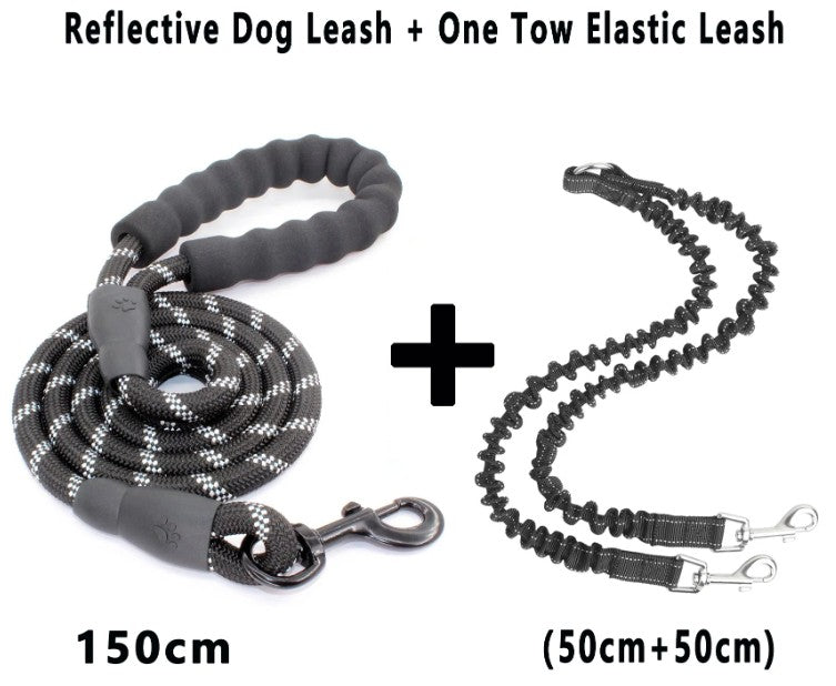 Reflective dog leash and one tow elastic leash on a white background
