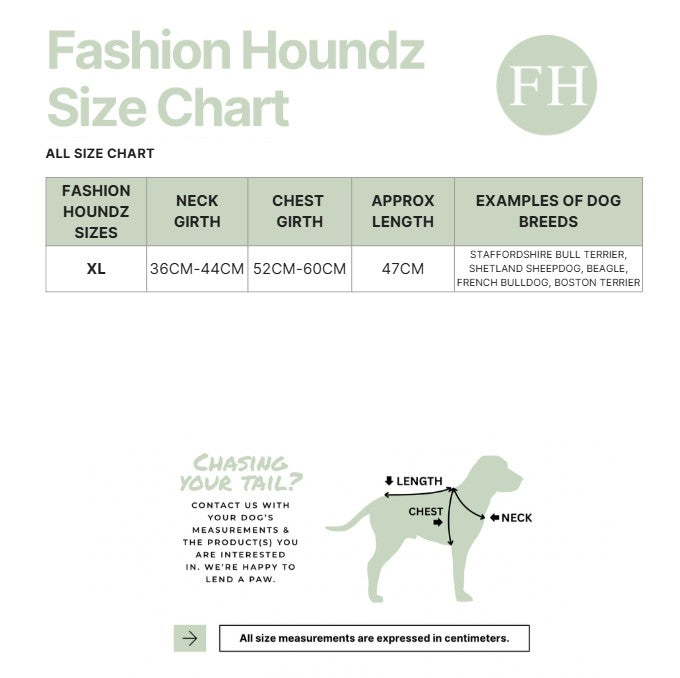 Fashion Houndz size chart for dog clothing with measurements and examples of dog breeds.