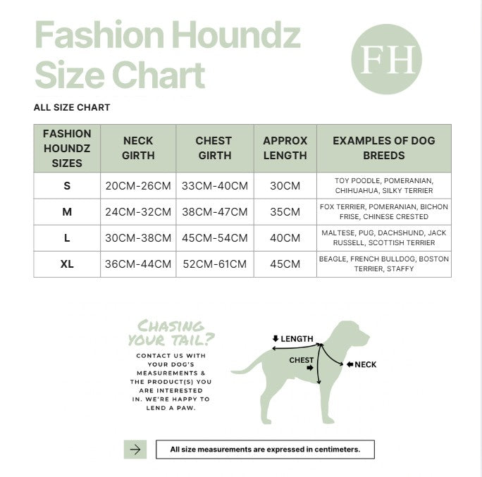 Fashion Houndz size chart for dog clothing with measurements and examples of dog breeds.