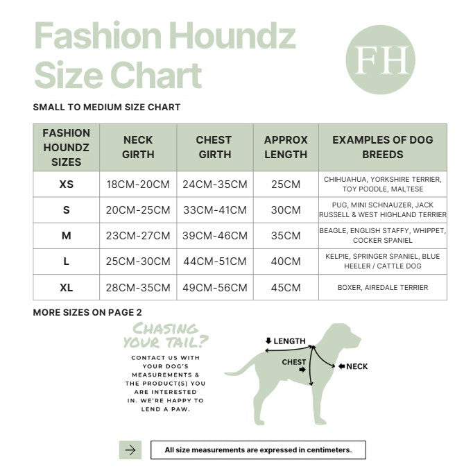 Fashion Houndz size chart for small to medium dog breeds