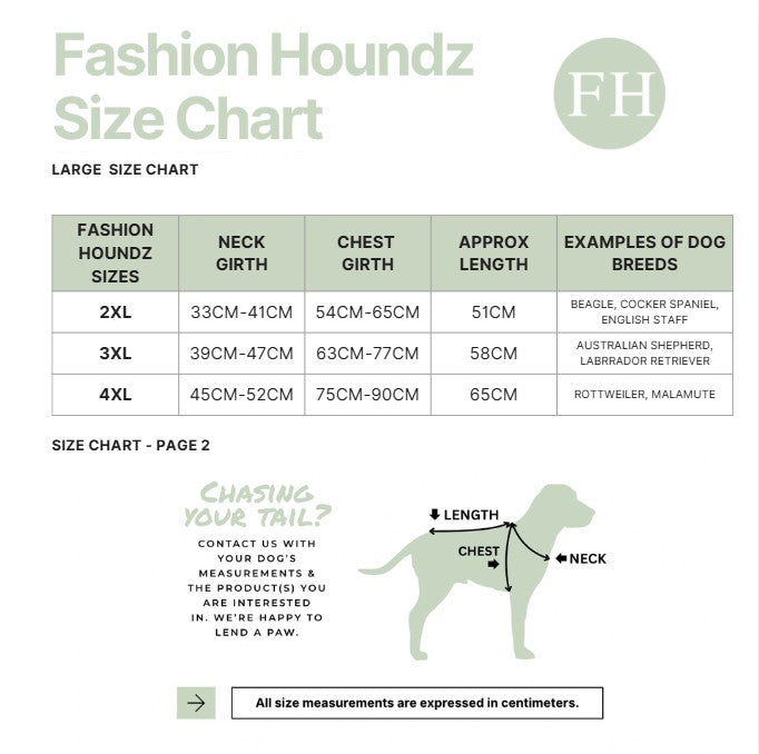 Fashion Houndz size chart for large dog sizes on a white background