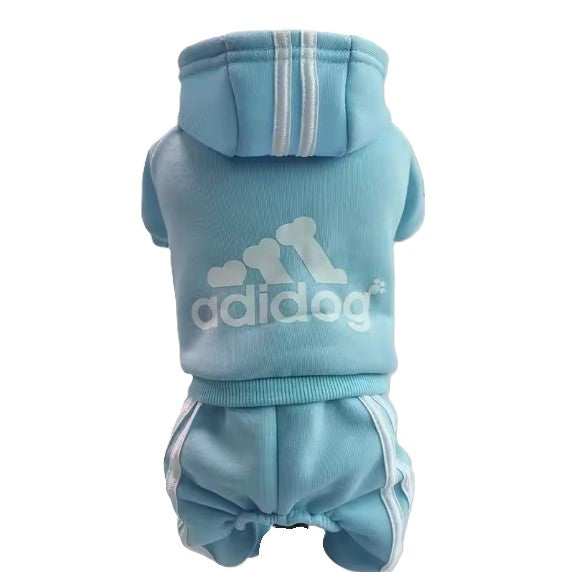 Light blue dog hoodie with shorts featuring the 'adidog' logo on a white background
