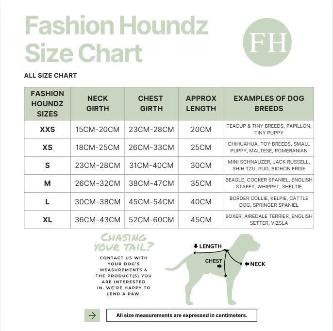 Fashion Houndz size chart for dog clothing with measurements and examples of dog breeds.