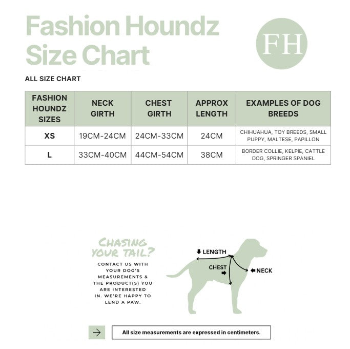 Fashion Houndz size chart for dog clothing with measurements and examples of dog breeds.