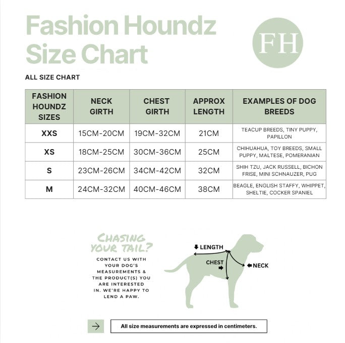 Fashion Houndz size chart for dog products on a white background