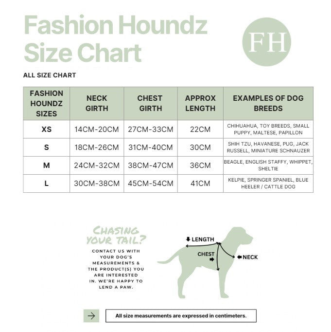 Fashion Houndz size chart for dog clothing with measurements and examples of dog breeds.