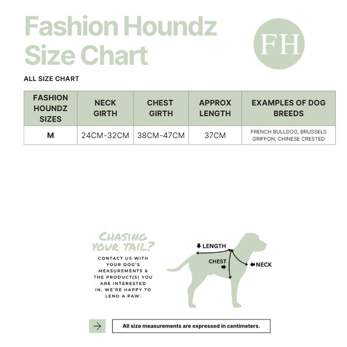 Fashion Houndz size chart for dog clothing with measurements and examples of dog breeds.