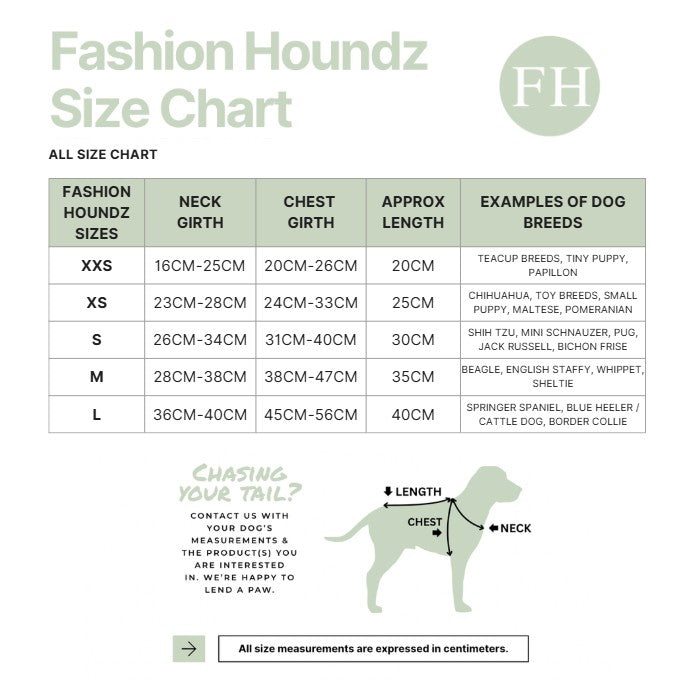 Fashion Houndz size chart for dog clothing with measurements and examples of dog breeds.