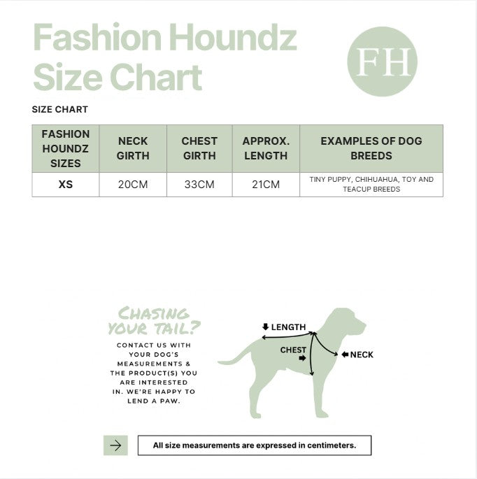Fashion Houndz size chart for dog clothing with measurements and examples of dog breeds.