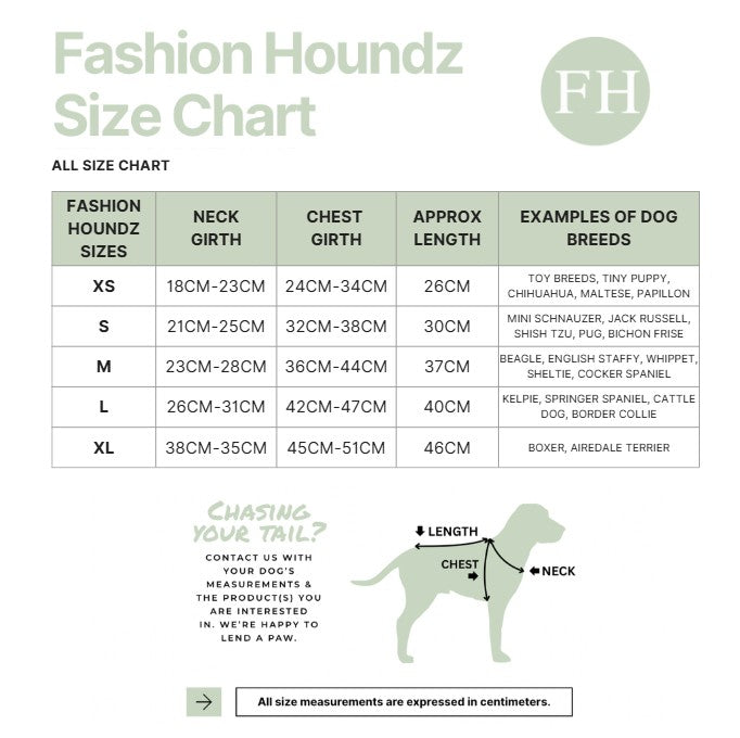 Fashion Houndz size chart for dog clothing with measurements and examples of dog breeds.