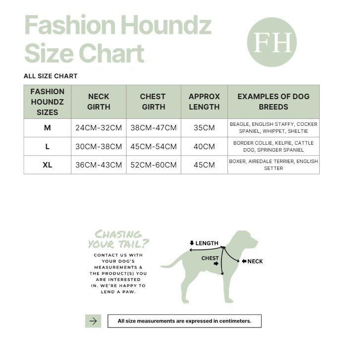 Fashion Houndz size chart for dog clothing with measurements and examples of dog breeds.