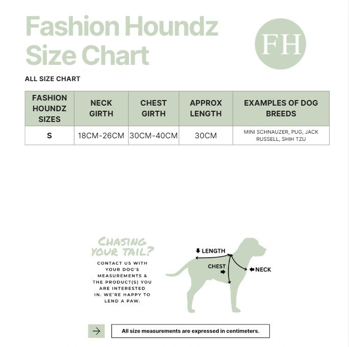 Fashion Houndz size chart for dog clothing with measurements and examples of dog breeds.