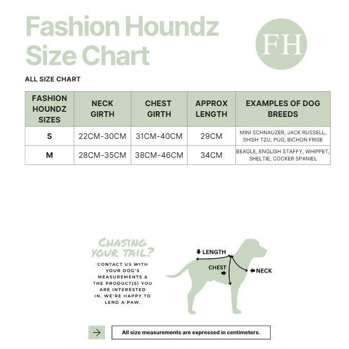 Fashion Houndz size chart for dog clothing with measurements and examples of dog breeds.