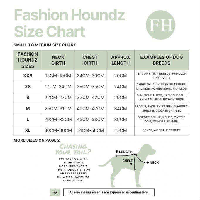 Fashion Houndz size chart for dog clothing with measurements and examples of dog breeds.