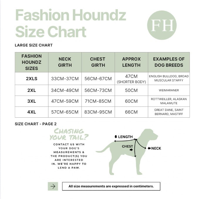 Fashion Houndz size chart for large dog sizes with measurements and examples of dog breeds.