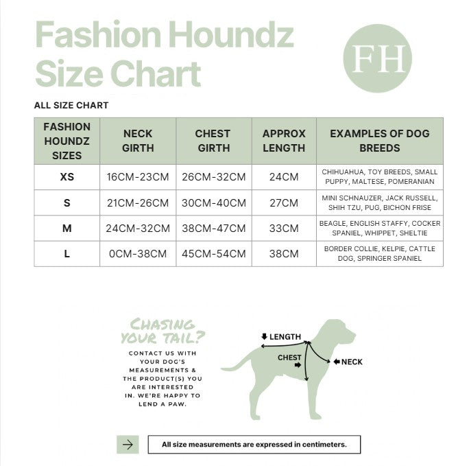 Fashion Houndz size chart for dog clothing with measurements and examples of dog breeds.